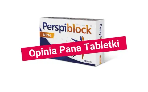 Opakowanie suplementu diety Perspiblock forte, który jest blokerem potu. Widoczna czerwona wstęga z napisem "Opinia Pana Tabletki".