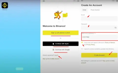 Ekran rejestracji na Binance. Dowiedz się, jak zacząć, wypełniając formularz lub logując się przez Apple/Google. Wpisz kod polecający CCH1F46Z.