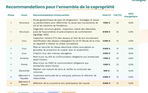 Tableau des recommandations pour la copropriété, incluant un plan pluriannuel de travaux, avec coûts et échéances.