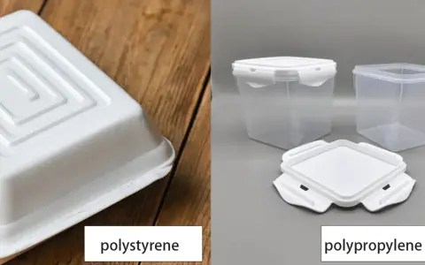 A white polystyrene container on wood contrasts with clear polypropylene food storage containers.