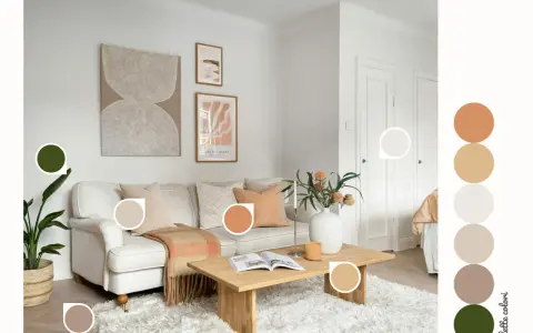 Idee per abbinamenti imbiancare casa: soggiorno accogliente con divano beige, plaid arancio e tocchi verdi.