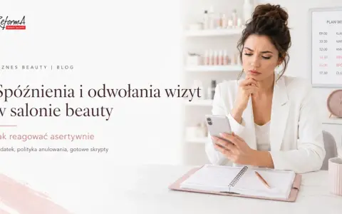 Kobieta zmartwiona przegląda telefon, na tablicy widnieje "Spóźnienia i odwołania wizyt". To inspiracja do pozytywny komentarz dla kosmetyczki.