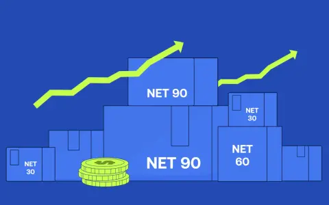 Blue boxes labeled "NET 90", "NET 60", and "NET 30" are stacked, with coins and upward trending arrows suggesting financial growth.
