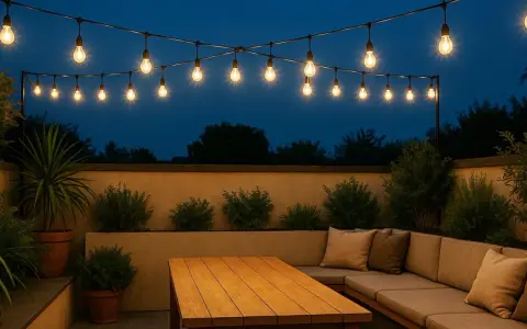 Ideas de iluminación para terraza: guirnaldas de bombillas cálidas iluminan un rincón acogedor con sofá y mesa de madera, creando un ambiente perfecto para la noche.