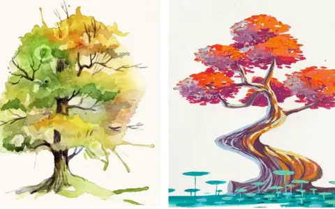 Comparaison visuelle : à gauche, un arbre aux teintes vertes et jaunes, style aquarelle. À droite, un arbre aux couleurs vives, style acrylique.