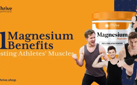 11 Magnesium-Vorteile für den Muskelaufbau von Athleten. Ein Mann zeigt stolz seine Muskeln neben einer Magnesium-Dose.