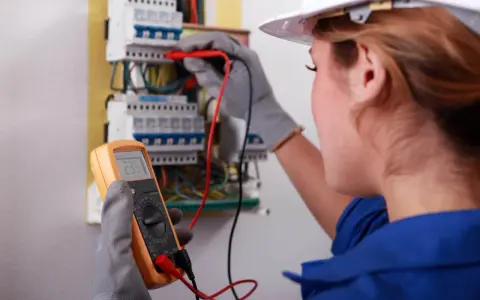 Elektryk wykonuje pomiary elektryczne w domu jednorodzinnym, używając multimetru do sprawdzenia instalacji.