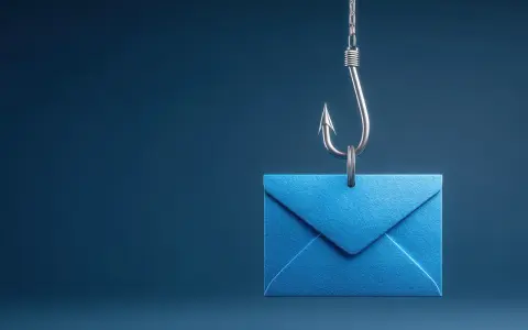 Ein blauer Brief wird von einem Angelhaken hochgehalten, ein Symbol für Social Phishing.