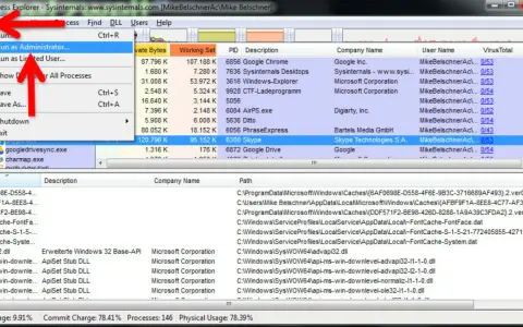 Process Explorer zeigt laufende Prozesse an. Das Menü "Datei" ist geöffnet und "Als Administrator ausführen" ist ausgewählt.