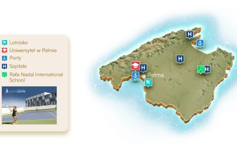 Majorka mapa z zaznaczonymi lotniskiem, uniwersytetem, portami, szpitalami i szkołą Rafa Nadal International School.
