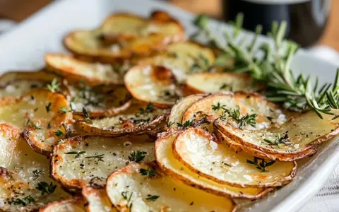 Råstekt potatis i ugn, krispiga skivor med örter och flingsalt. Perfekt tillbehör som doftar ljuvligt.