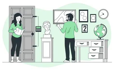 Una pareja resuelve acertijos en una habitación temática, buscando pistas para un escape room familiar.
