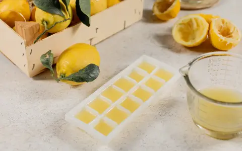 Frische Zitronen und eine Eiswürfelform gefüllt mit Zitronensaft zeigen, dass man Zitronen einfrieren kann.