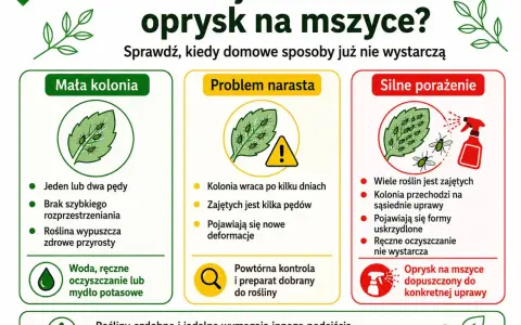 Kiedy stosować oprysk na mszyce? Gdy problem narasta, pojawiają się nowe deformacje, a ręczne czyszczenie nie wystarcza. Wtedy oprysk jest dopuszczony do konkretnej uprawy.