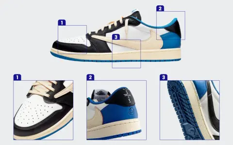 Szczegółowe zbliżenia buta pomagają w jego legit check. Widoczne detale to perforacje na nosku, logo i podeszwa.