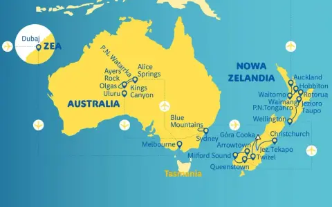 Mapa pokazuje, gdzie leży Australia, z zaznaczonymi atrakcjami jak Uluru i Sydney, oraz Nową Zelandię.