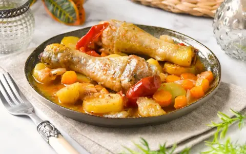 Guiso de pollo con patatas, zanahorias y pimientos en salsa.