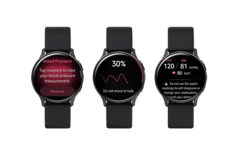 Tre smartwatch mostrano diverse schermate: misurazione pressione, caricamento 30% e risultati. Utili per monitorare le calorie attive cosa sono.