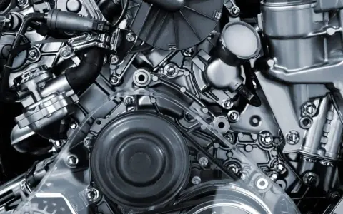 Detalle de un motor de cuatro tiempos, con correas, poleas y componentes metálicos pulidos.