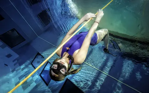 Kobieta w fioletowym stroju kąpielowym i masce nurkuje w basenie, trzymając się liny. To przykład tego, freediving co to jest – sport wymagający kontroli oddechu i siły.