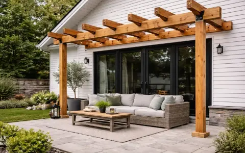 En mysig uteplats med en vacker träpergola med tak, soffgrupp och kaffebord. Perfekt för att bygga pergola med tak och njuta av sommaren.