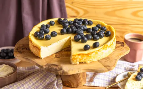 Ein köstlicher Skyr Kuchen, üppig belegt mit frischen Blaubeeren, wartet auf seine Genießer. Daneben eine Tasse Kaffee.