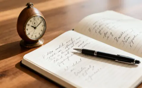 Reloj de mesa y cuaderno abierto con bolígrafo, ideal para ejercicios de escritura para adultos.