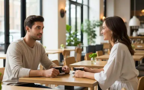 Un couple partage un café, il parle de moi à son entourage, souriant et complice dans un café lumineux.