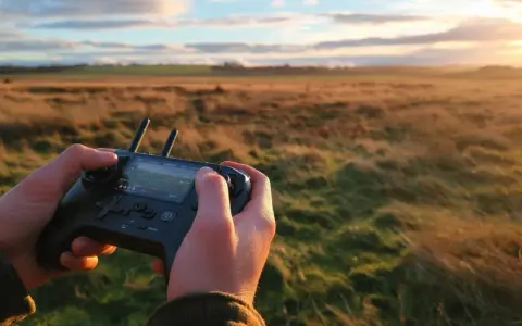 Hände steuern eine Drohne mit einem Controller im goldenen Abendlicht. Eine tolle droniq app alternative für Drohnenpiloten.