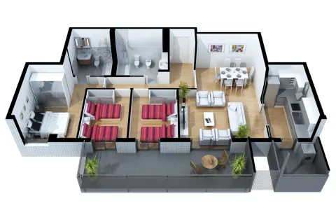 Plano de una vivienda con dormitorio principal, dos habitaciones, dos baños, salón, comedor, cocina y terraza. Ideal para saber donde ver los metros cuadrados de una propiedad.