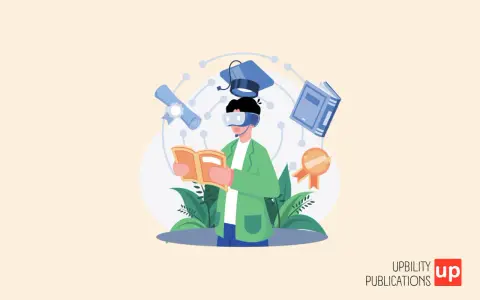 Un ragazzo con visore VR legge un libro, circondato da simboli di studio: cappello, diploma, libro e medaglia. Un'illustrazione che evoca l'idea di studiare e imparare, quasi come disegnare sul computer.