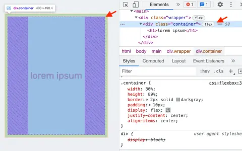 Kontener flexbox z tekstem "lorem ipsum" wyśrodkowanym dzięki `justify-content: center`.