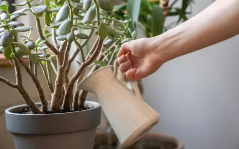 Mano regando un árbol de jade, cuidando sus hojas carnosas. El riego adecuado es clave para los cuidados del árbol de jade.