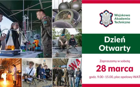 Kolaż zdjęć z Dnia Otwartego WAT: studenci, wojskowi, sprzęt, eksperymenty.