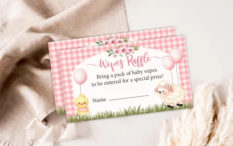 En inbjudan till "Wipes Raffle" med en söt kyckling och ett får. Ta med ett paket baby servetter för att delta i utlottningen.