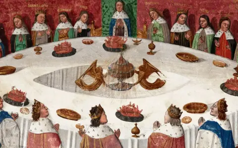 Banquet médiéval, des chevaliers autour d'une table, un calice scintillant au centre, évoquant la quête du graal.