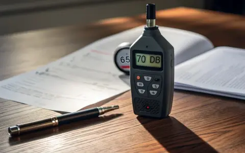 Fonometro cos'è? Uno strumento digitale mostra 70 dB, accanto a documenti e una penna.