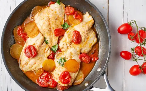 Deliziosi secondi di pesce in padella con pomodorini e patate, guarniti con prezzemolo fresco.