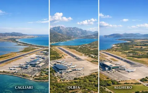 Trzy lotniska na Sardynii: Cagliari, Olbia i Alghero, z widokiem na morze i góry.