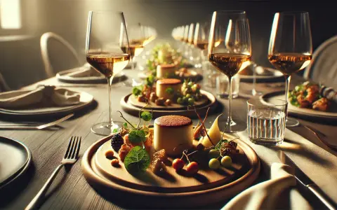 Ett elegant dukat bord med glas fyllda med gyllene vin, redo för en utsökt måltid. Små desserter med bär och frukt väntar.