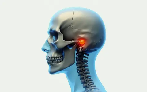 Detaljerad vy av ett mänskligt kranium och halsrygg, med fokus på käkleden där tuberculum articulare lyser rött, vilket indikerar en potentiell smärtpunkt.