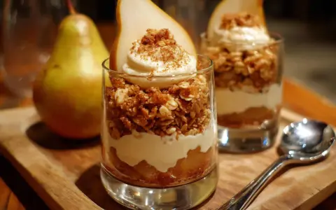 Deliciosos postres fáciles en vaso con pera, crema y granola crujiente. ¡Perfectos para cualquier ocasión!