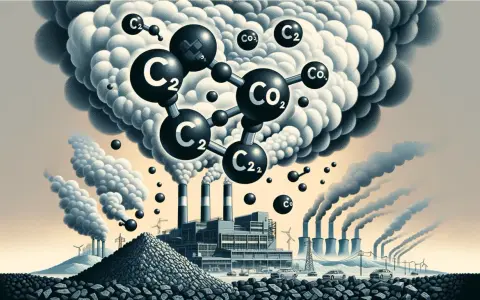 Molekuły CO2 unoszą się nad fabryką spalającą węgiel. Obraz ilustruje, ile CO2 powstaje z tony węgla.