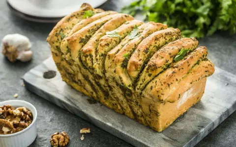 Pyszny chlebek rwany z pesto, udekorowany listkami bazylii, prezentuje się apetycznie na kamiennej desce. Obok czosnek i orzechy włoskie.