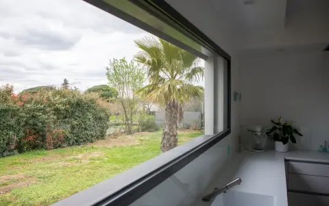 Vista desde una cocina moderna con **ventanas automáticas** que enmarcan un jardín con palmera y vegetación frondosa.