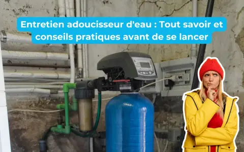 Une femme réfléchit devant un adoucisseur d'eau. Le texte indique "Entretien adoucisseur d'eau : Tout savoir et conseils pratiques".