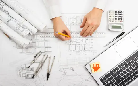 Manos de arquitecto dibujando planos, con calculadora, laptop y bocetos. El significado de "as built" se refleja en la precisión del diseño.