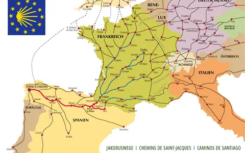 Die Karte zeigt, wo ist der Jakobsweg. Routen verlaufen durch Frankreich, Spanien, Portugal, Italien, Schweiz, Deutschland und weitere Länder.