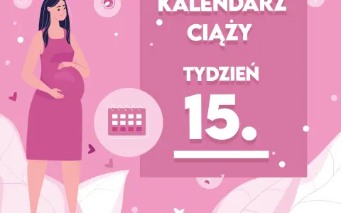 Kobieta w 15 tygodniu ciąży, z brzuszkiem. Obok kalendarz i napis "Kaledarz ciąży tydzień 15".
