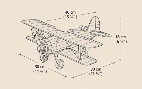 Detailansicht eines Flugzeugmodells als Bauplan. Maße: 40 cm Länge, 16 cm Höhe, 30 cm Breite. Eine perfekte Modell Vorlage.